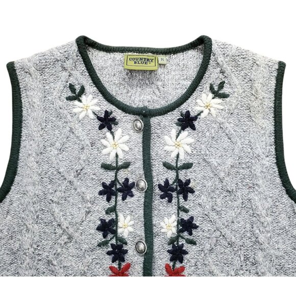VTG Knit Sweater Vest Embroidered Flowers Gray Country Blue Wool Blend Womens M - Picture 7 of 11
